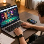Engaging in online gambling at uu88 com with strategy notes and casino app on the table.