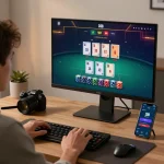 Engaging in strategic online gambling with winstrike69 at a home desktop setup, live dealer blackjack on screen.