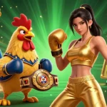 Experience the thrill of Lapak303 Slot Gacor Hari Ini with a vibrant 3D illustration of a championship rooster and sportswoman.