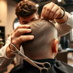 Ace of Fades 212 barber expertly applying a non-surgical hair system in a luxurious studio setting.