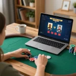 Player engaging in a focused online poker game at home while using the 678vip platform.