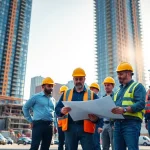 Manhattan Commercial General Contractor overseeing construction with diverse workers in a vibrant setting.