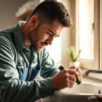 Local plumber fixing a leaky sink in a cozy home setting with warm lighting.