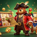 Engage in สล็อตทดลองเล่น with vibrant characters amid dynamic slot elements and treasures in 3D illustrative style.