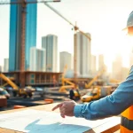 New York City General Contractor examining plans at a vibrant construction site.