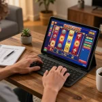 Engaging in slot gacor 2026 games at home on tablet with cozy ambiance.
