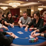 luck8 players engaging in strategic poker gameplay at an upscale casino table