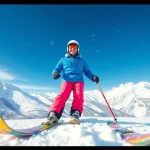 Skiing through the snow with beginner ski packages on a beautiful mountain slope.