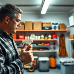 Implementing garage insect treatment in a clean, organized garage space with pest control solutions.
