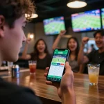 Engaging in sports betting on the Trang chủ HO88 app amidst a lively bar atmosphere.