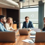 Collaboration on contracts and grants in a modern meeting setting.
