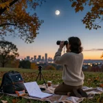 Total lunar eclipse seen by an observer with a telescope in a serene outdoor setting during twilight.