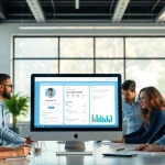 Engaged team collaborating with enterprise ai assistant interface in a modern office setting.