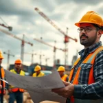 New York General Contractor leading a construction project with blueprints on-site.