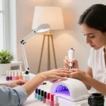 Tehnician profesionist de unghii folosind lampa UV LED unghii pentru a aplica ojă gel într-un salon elegant.