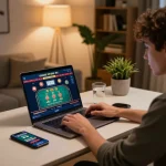 Engaging in online gambling at home using the Link vào VB88 platform with a laptop setup.