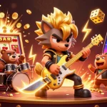Experience phdream excitement with a lively casino scene featuring a rock star wolf and a drummer bear amid explosive jackpots.