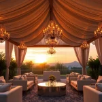 Stylish outdoor setup for Corporate Event Rentals featuring an elegant tent and decorative elements.
