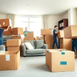 Movers in Boston expertly packing furniture in a modern apartment setting.