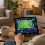 Person analyzing live bong da lu scores on tablet during online sports betting session.