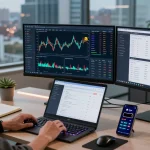 Regulated crypto mining platform with secure blockchain technology in a modern trading office filled with tech devices and charts.