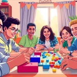 Players enjoy a lively session of daman games surrounded by a cozy atmosphere.
