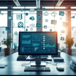 Showcase information using a computer and floating symbols in a bright workspace.
