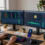 bitcoin mining website setup showcasing cryptocurrency mining tools and digital wallets in a secure workspace.