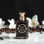 Showcasing Black opium perfume bottle elegantly set against dark coffee beans and white flowers.
