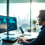 Experience the efficiency of remote call control in a modern office setting with technology-focused visuals.