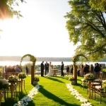 Stunning wedding venues sacramento featuring a garden ceremony setup and serene lake backdrop.