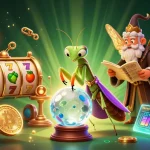 Play engaging slot games with a mystical fortune teller and magical elements in this vibrant illustration.