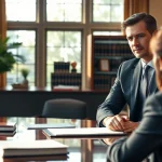 Consultation with a Miami high net worth divorce lawyer in an elegant office setting, exuding professionalism.