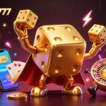 Experience mahjong777 excitement with a golden dice golem and crypto elements in a thrilling casino scene.