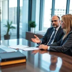 Sarasota injury lawyer consulting with a client in a modern office setting, showcasing professionalism.
