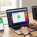 Active user performing WhatsApp下載 on multiple devices in a modern workspace