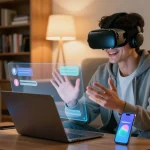 Young man joyfully interacting with his AI girlfriend in a modern living room, showcasing the future of companionship and technology.
