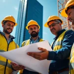 Teamwork at a construction membership association project on-site with blueprints.