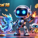 Engage with the vibrant keonhacai 18 casino-themed illustration showcasing a cyberpunk robot and Bitcoin.