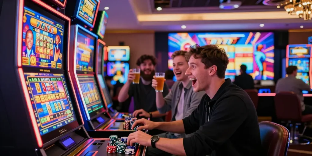 Excited player experiencing the thrill of slot777 gaming in a vibrant casino environment.
