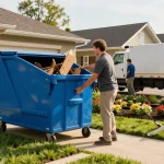 Dumpster rental in Sarasota FL, homeowner loading yard debris into a 20-yard roll-off dumpster in sunny residential project.