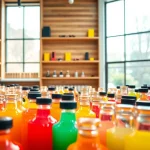 Showcase various vape juice flavors at Vape Juice Depot with colorful bottles in a bright shop.