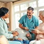 Engaging caregivers providing compassionate at home health care to a senior in a warm living room.