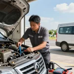 Technician diagnosing petrol in diesel car contamination at roadside service.