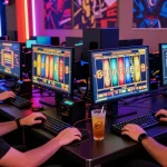 Engaging slot depo 1k gaming experience with players and vibrant screens at a gaming setup.