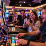 Exciting moment at a gambling venue with a player engaged at a pragmatic slot machine, colorful lights and cheering friends.