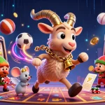 Slot berputar dengan simbol buah, krampus, dan mouse malaikat menjaga kasino.
