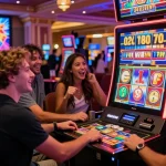 Players celebrating near a slot machine during a casino night.