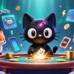 Illustration dynamique d'un casino en ligne avec un chat noir trou noir et un renard nébuleux attirant des jetons d'or.