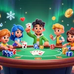 Jouez au poker en ligne dans un univers vibrant rempli de jetons et de machines.